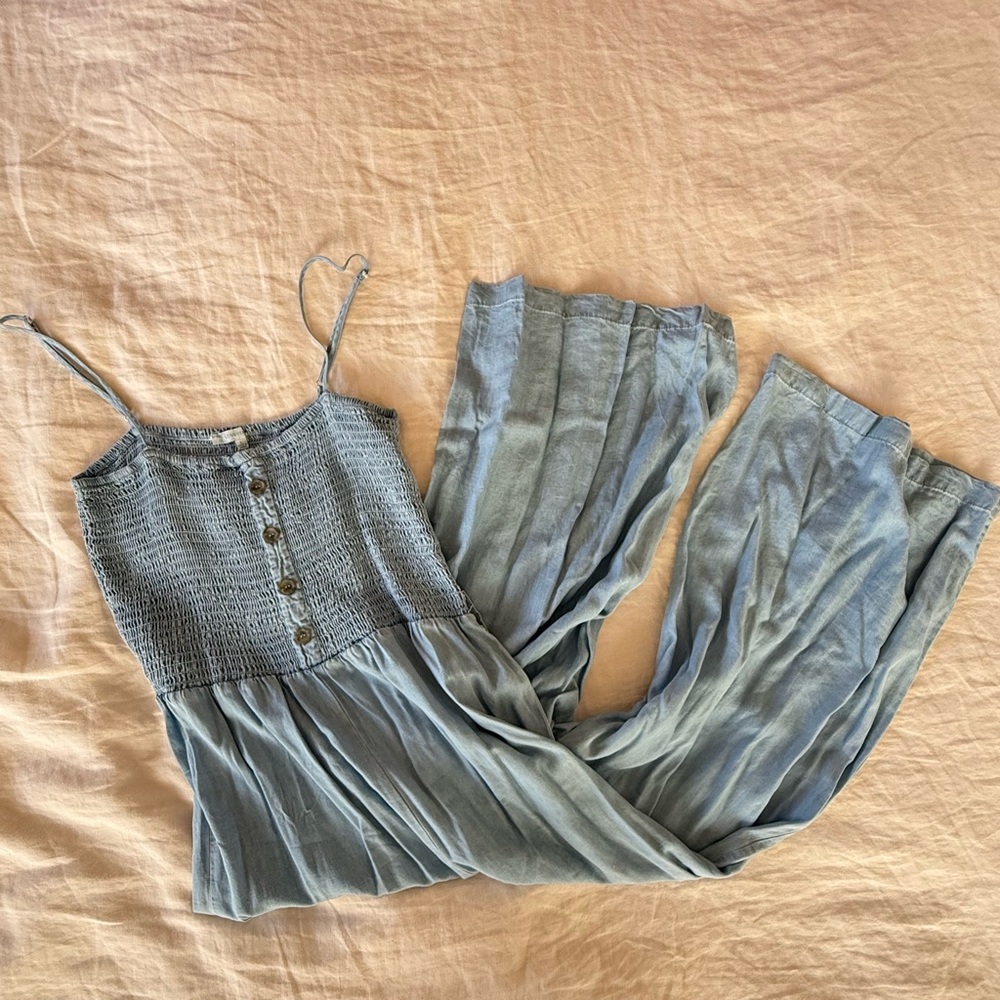 Love Tree Chambray Smocked Culotte Jumpsuit in Blue
